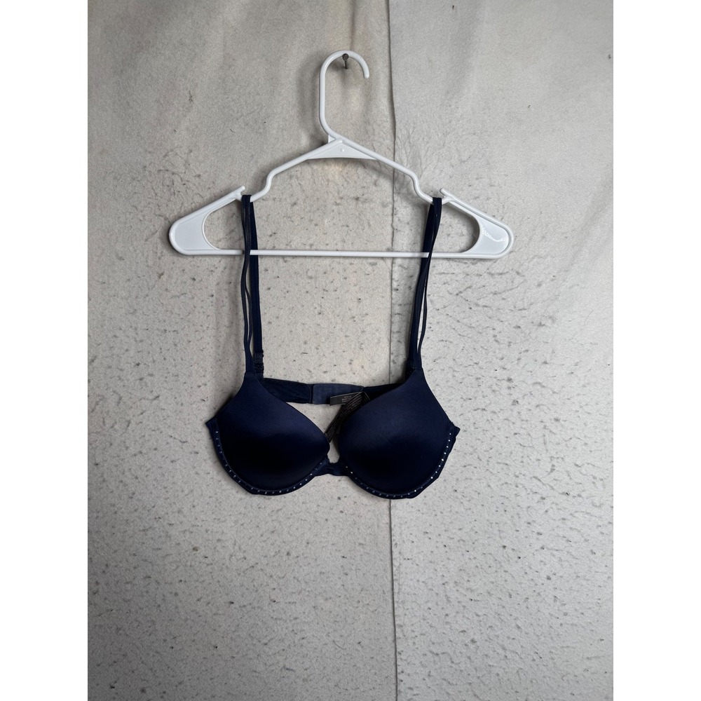 Victorias Secret Very Sexy Push Up Bra 32D Navy Blue Rhinestone Trim Satin